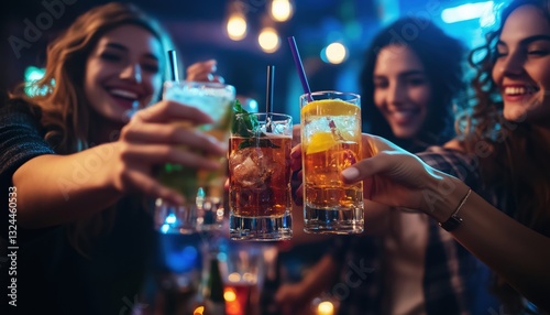 Young Friends Enjoying Cocktails At Nightclub, Partying In Pub, And Toasting Drinks - A Lively Night Out With Best Buddies.
