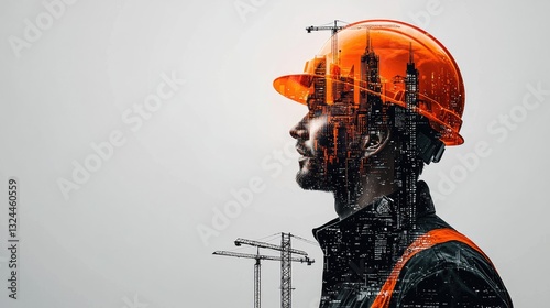 Construction Worker with Futuristic City Overlay