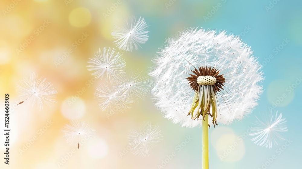 Obraz premium Sunny Dandelion Scattering Seeds Across Pastel Sky