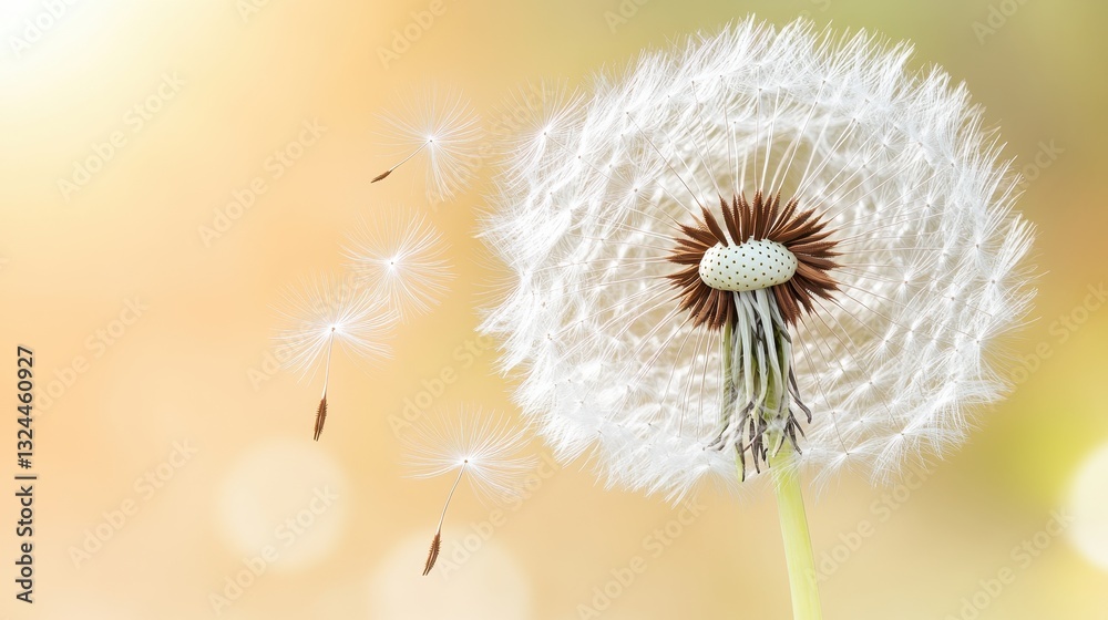 Fototapeta premium Gentle Sunlight Illuminates Dandelion With Seed Drift