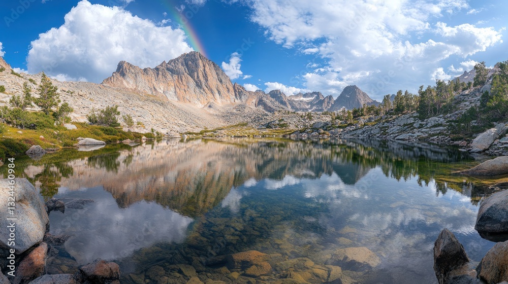 Fototapeta premium Majestic mountain lake reflecting rainbow and peaks.