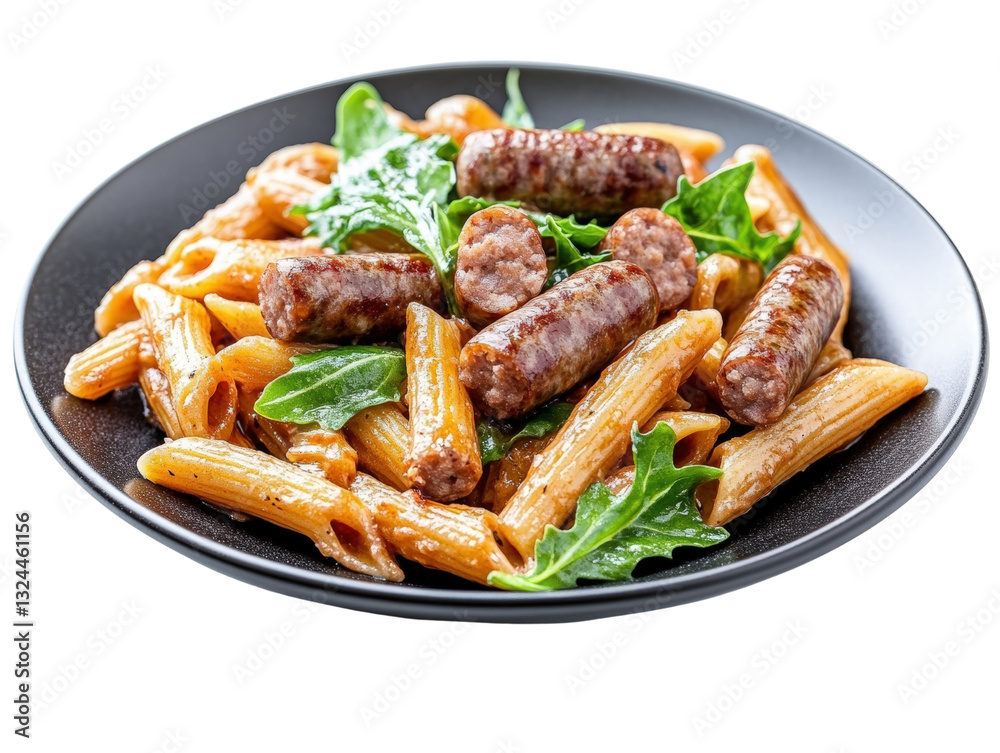 Plate of pasta with savory sausage and rich tomato sauce garnished with fresh herbs on a rustic table setting isolated on a white background. Plate of pasta with savory sausage and rich tomato sauce garnished with fresh herbs on a rustic table setting isolated on a white background.