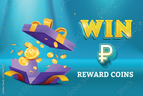 Gift Box Open With Reward Ruble Gold Coins Falling Out On Blue Background. Vector Illustration Concept for Discount Sale, Shopping Save, Cashback Rewards