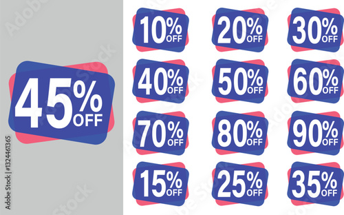 Set of discount stickers, price tags. Blue stickers with discounts 10,20,30,40,50,60,70,80,90, 15,25,3545% percent. Vector templates for sales, promotions, isolated on white background.EPS 10