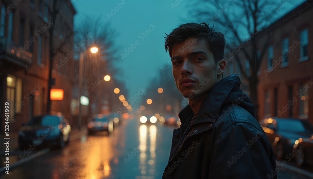 Fototapeta premium Portrait of young man standing on street in rainy night. Handsome brunette guy in jacket looks confident. Urban nightscape cars lights buildings bokeh. Youth culture, lifestyle. Moody atmospheric