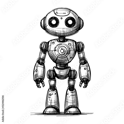 A futuristic humanoid robot standing drawing line art of AI robot ink sketch vector hand drawn illustration background