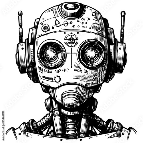 A sleek, metallic robot with glowing drawing line art of AI robot ink sketch vector hand drawn illustration background
