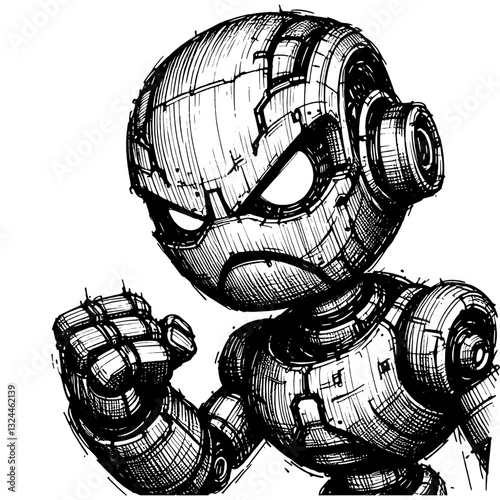 An enraged robotic figure with glowing eyes line art drawing of AI robot angry ink sketch vector hand drawn illustration background