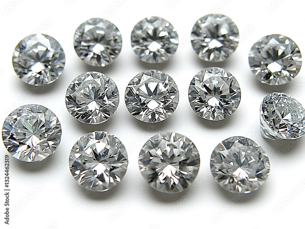 Radiant display of brilliant cut diamonds on a pristine white surface Radiant display of brilliant cut diamonds on a pristine white surface