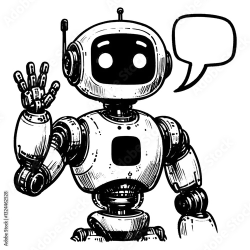 Line art drawing of AI robot say hi with balloon message ink sketch vector hand drawn illustration background