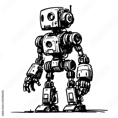 Steampunk robot line art drawing of robot ink sketch vector hand drawn illustration background