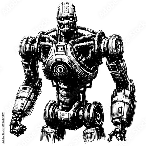Metallic humanoid robot line art drawing of AI robot ink sketch vector hand drawn illustration background