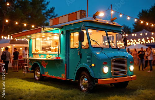 Blue food truck serves delicious street cuisine at outdoor night festival. Evening illuminated lights strings create festive atmosphere. Gourmet cuisine seller on city market event fair. Urban fast