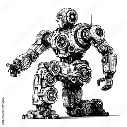 Mechanical humanoid robot, kneeling and in a dynamic pose line art drawing of AI robot ink sketch vector hand drawn illustration background
