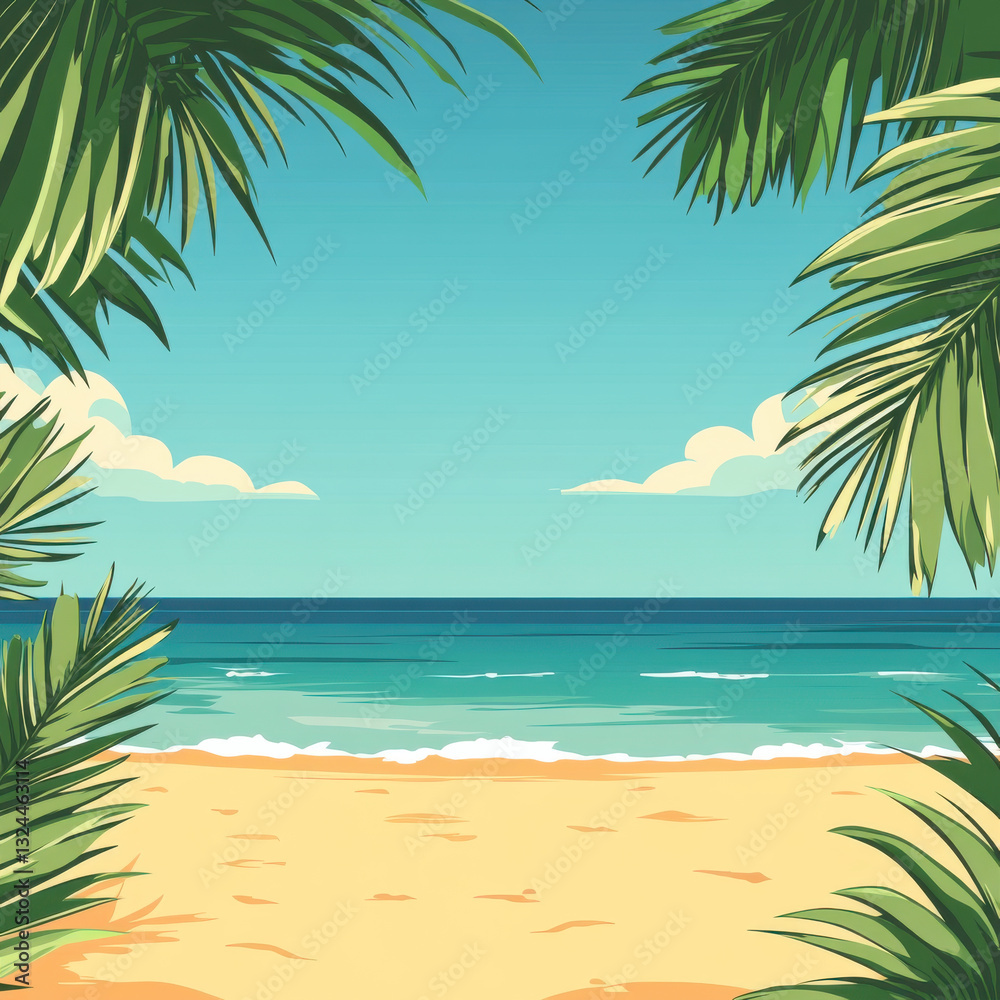 tropical beach with palm leaves framing sandy shore,Illustration Summer Blank Background For Copy Space For Text tropical beach with palm leaves framing sandy shore,Illustration Summer Blank Background For Copy Space For Text