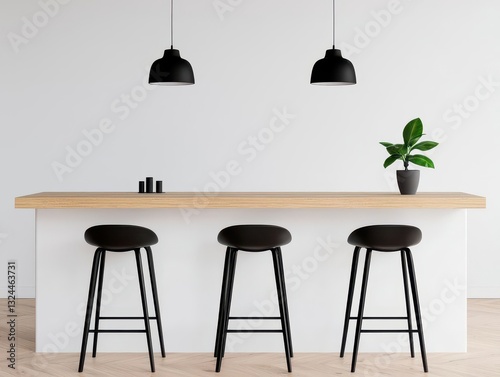 A minimalist industrial kitchen island with raw wood countertops, sleek black bar stools, and pendant lighting