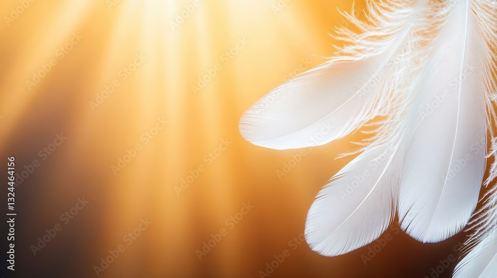 Naklejka premium Ethereal White Feathers In Golden Sunlight Ambiance.