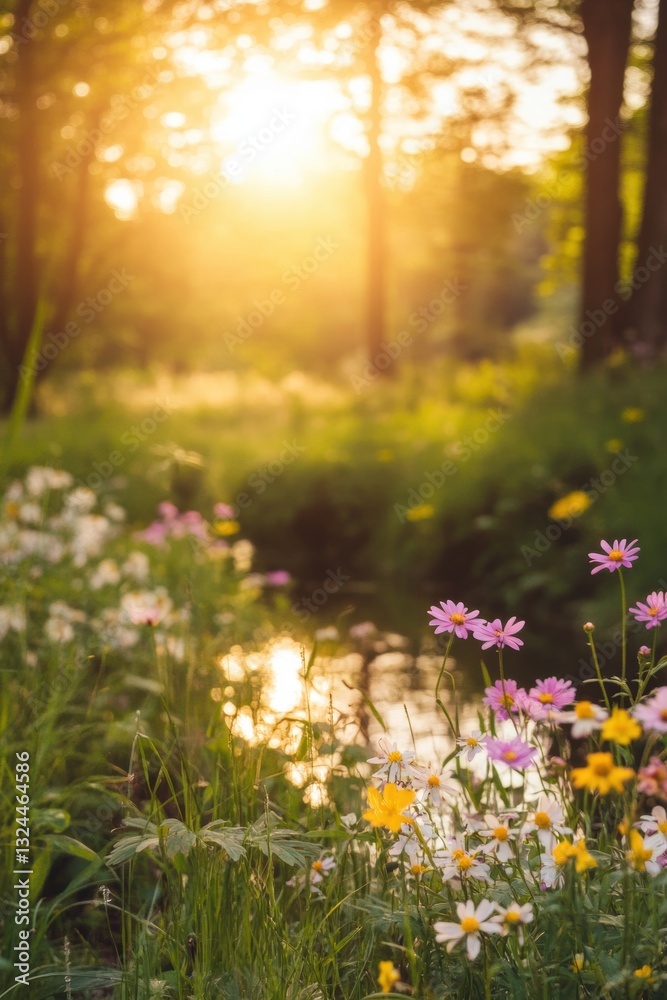 Obraz premium Beautiful colorful wild flowers in deep foggy forest with sun light in Spring.