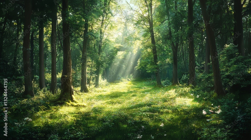 Obraz premium A forest with a path in the middle. The sun is shining through the trees, creating a warm and peaceful atmosphere