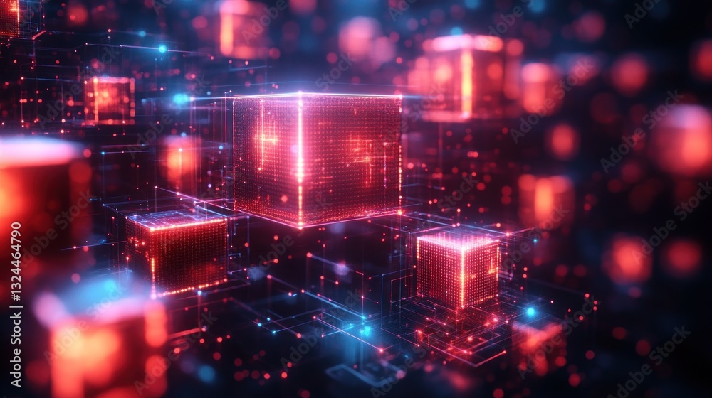 Glowing cubes connected by digital lines in cyberspace, data storage concept Glowing cubes connected by digital lines in cyberspace, data storage concept