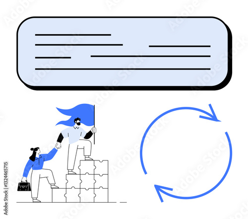 Two professionals collaborate by climbing puzzle blocks, holding a flag with arrows symbolizing an ongoing cycle. Ideal for teamwork, leadership, problem-solving, growth, collaboration, strategy