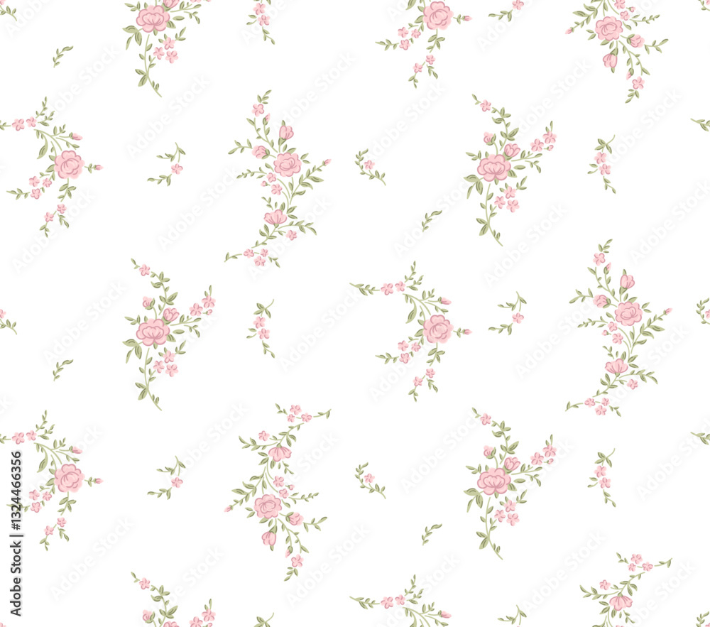 Cute floral vintage print of pink small sakura roses flower bloom branch with green leaves, ditsy and pretty simple vibe. Seamless pattern for woman, fashion fabric textile. Vector illustration spring