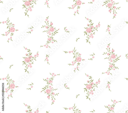 Cute floral vintage print of pink small sakura roses flower bloom branch with green leaves, ditsy and pretty simple vibe. Seamless pattern for woman, fashion fabric textile. Vector illustration spring