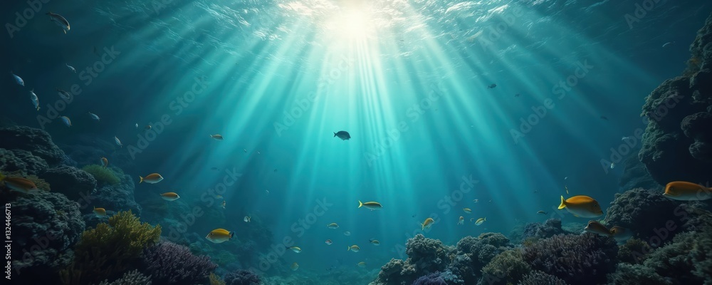 Fototapeta premium Sunlight pierces marine depths with tropical fish in turquoise water. Underwater wildlife, coral reefs, sea plants. Sun beams illuminate ocean floor. Perfect for diving, snorkeling vacation, sea life