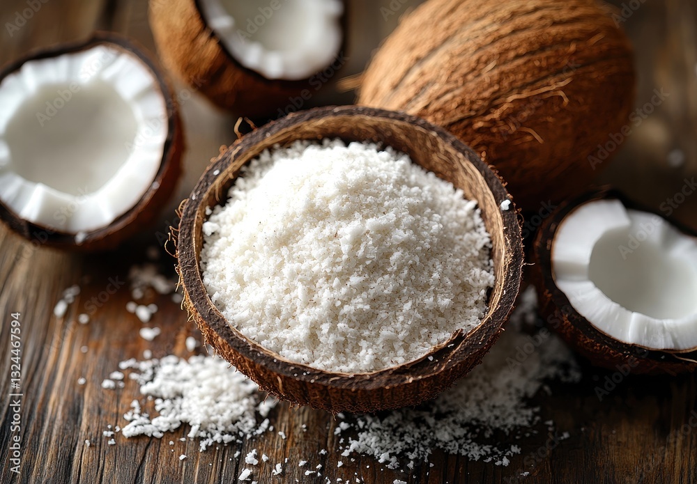 Coconut flakes in a rustic bowl surrounded by whole coconuts on a rustic wooden surface, showcasing the natural texture and color of coconut products Coconut flakes in a rustic bowl surrounded by whole coconuts on a rustic wooden surface, showcasing the natural texture and color of coconut products