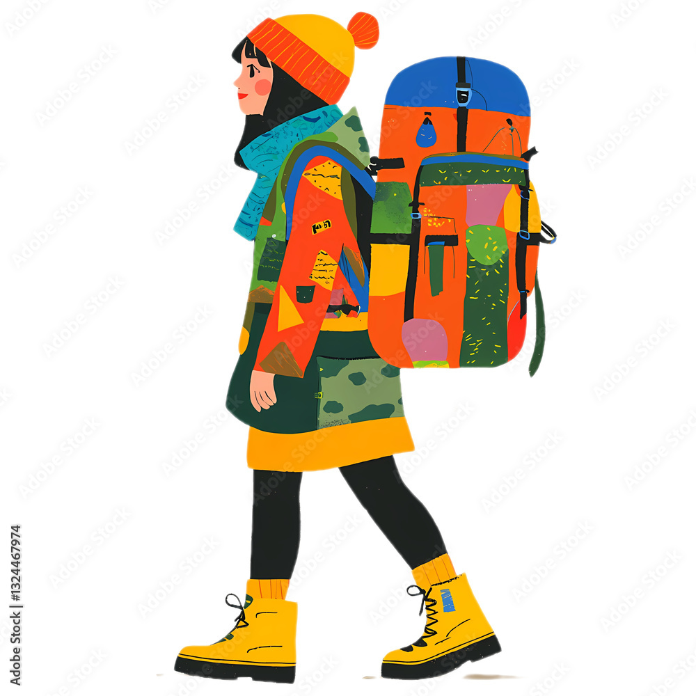 Fototapeta premium Backpacking girl, hand drawn illustration style