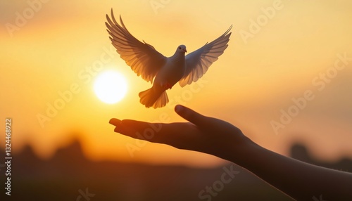 Human Hands Release Bird: Dove Of Peace, Symbolizing Hope, Freedom, Peace, And Spirituality. Silhouette Dove Soaring Over Human Hand In Sunlight.