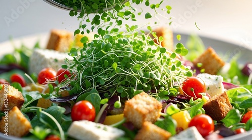 Delicious micro greens being sprinkled over a fresh salad with cherry tomatoes and croutons
