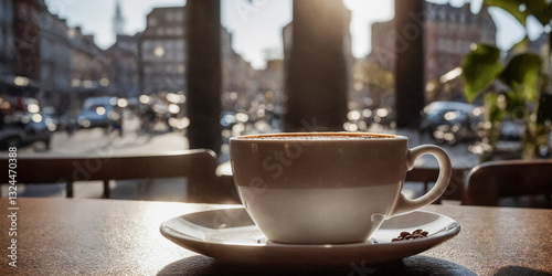 Eine perfekte Tasse Cappuccino mit cremigem Schaum in einem stilvollen Café mit Blick auf die belebte Stadt photo