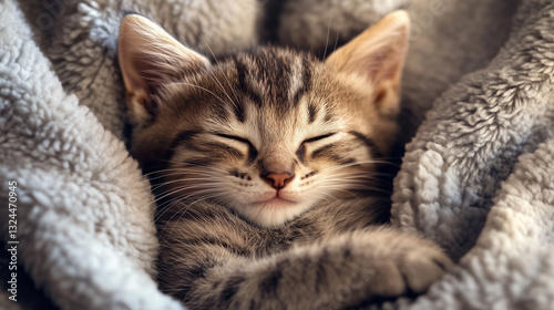 Adorable kitten sleeping peacefully wrapped in a cozy blanket with a serene expression