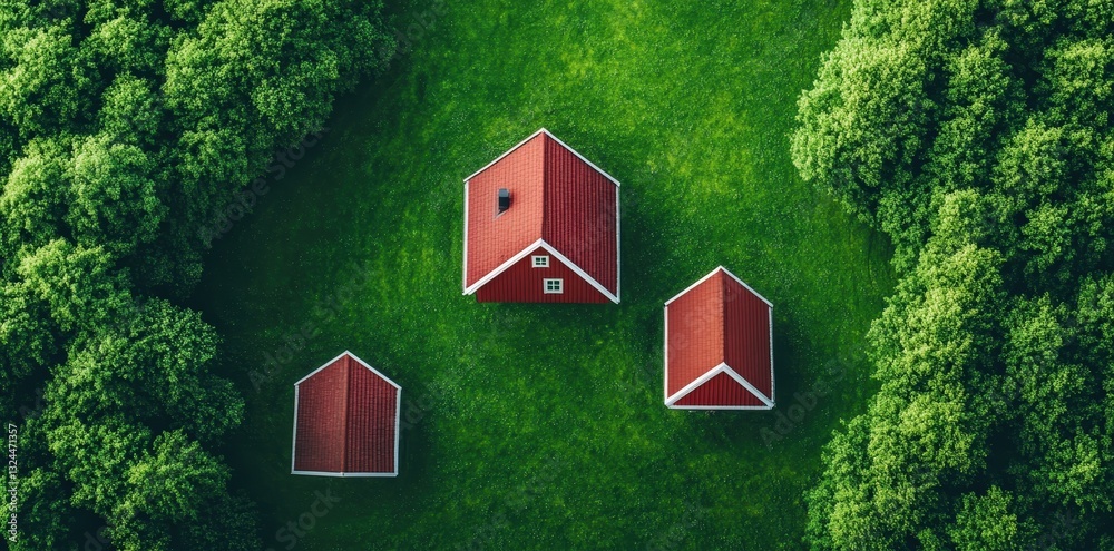 Naklejka premium Aerial view of three red-roofed houses surrounded by lush green grass and trees, creating a peaceful rural scene.