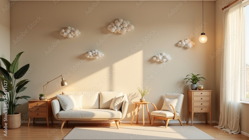 Fototapeta premium Cozy interior featuring soft furnishings, plants, and cloud decorations, embodying tiny dreamers space. Concept emphasizes comfort and tranquility, inviting creativity and relaxation