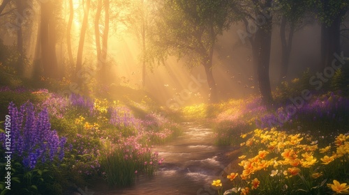 Beautiful colorful wild flowers in deep foggy forest with sun light in Spring.