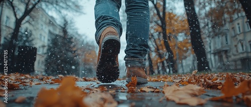 Obraz na płótnie Person Walking in Rain through Autumn Leaves on a Wet Street w salonie