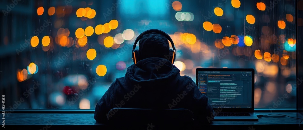 Person with Headphones Working on Laptop by City Lights at Night