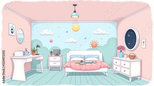 Cozy interior featuring bright colors and playful decor, showcasing tiny dreamers space with celestial elements. Concept emphasizes tiny dreamers space in creative and soothing environment