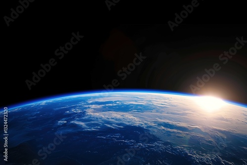 Planet Earth from space, showcasing the blue surface and horizon line with the sun rising