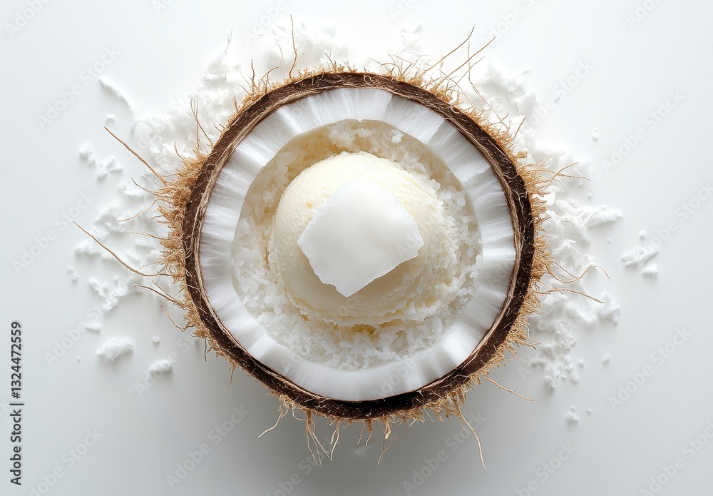 Coconut Shell with Creamy Coconut Ice Cream Surrounded by Shredded Coconut Flakes on a White Surface Perfect for Tropical Dessert Themes Coconut Shell with Creamy Coconut Ice Cream Surrounded by Shredded Coconut Flakes on a White Surface Perfect for Tropical Dessert Themes