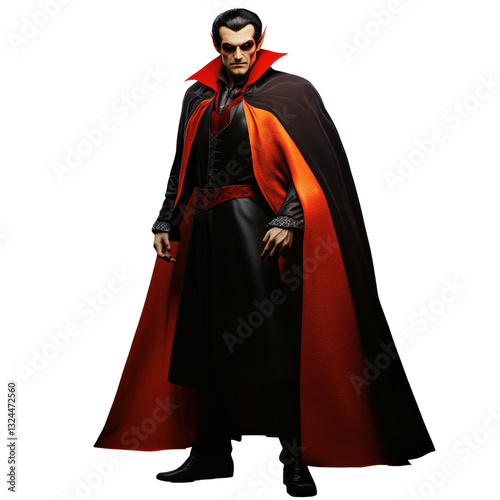 Man dressed in classic dracula costume with cape and fangs exemplifying the iconic vampire character for halloween isolated on a white background.