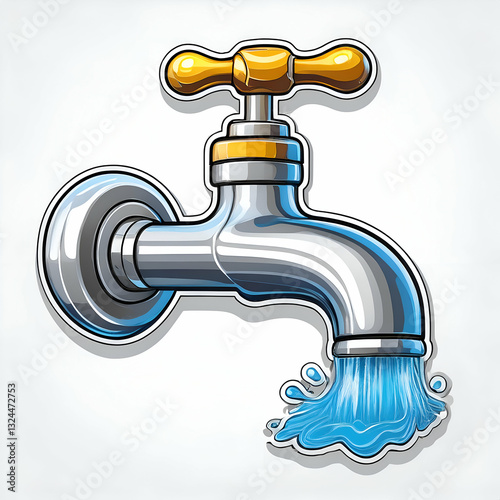 Cartoon Modern chrome faucet with flowing water and splashing drops. on a white background