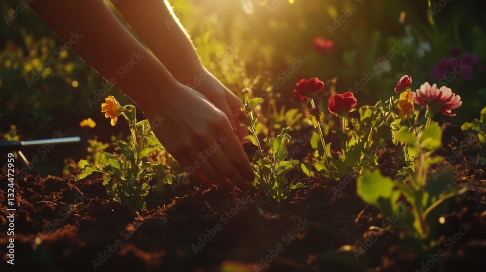 Fototapeta premium Serene sunset gardening scene with vibrant flowers in bloom