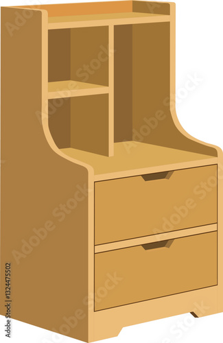 A wooden nightstand with two drawers sits on a white background. The nightstand is simple and unadorned, with no decorations or embellishments.Cabinet vector illustration