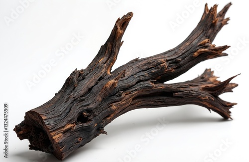 Piece of burnt driftwood isolated on transparent background. Weathered timber with natural rustic texture. Dark brown hand-made tree branch with unique vintage shape. Ideal raw material for creative