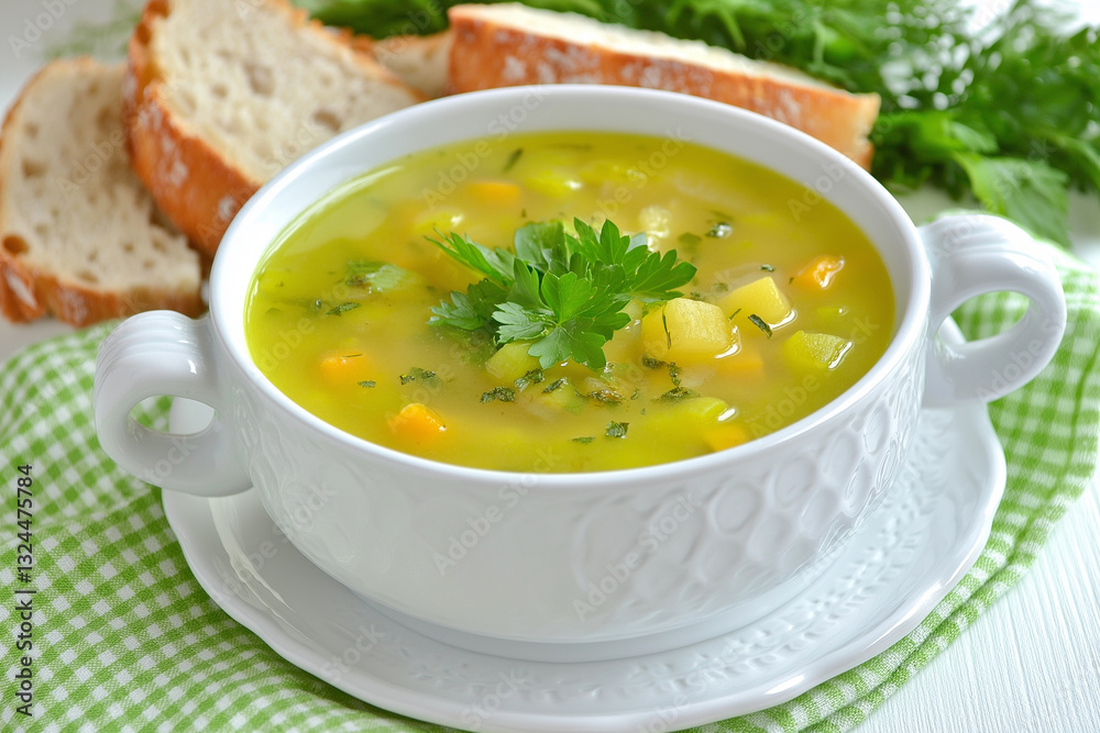 Vegetable soup in a deep ceramic plate with handles on the table surrounded by bread and greens for lunch. Vegetable soup in a deep ceramic plate with handles on the table surrounded by bread and greens for lunch.