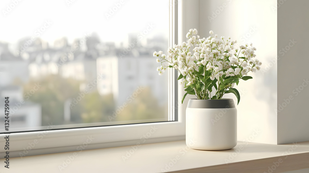 Fototapeta premium White Flowering Plant In Gray Pot On Window Sill With City View In Soft Daylight