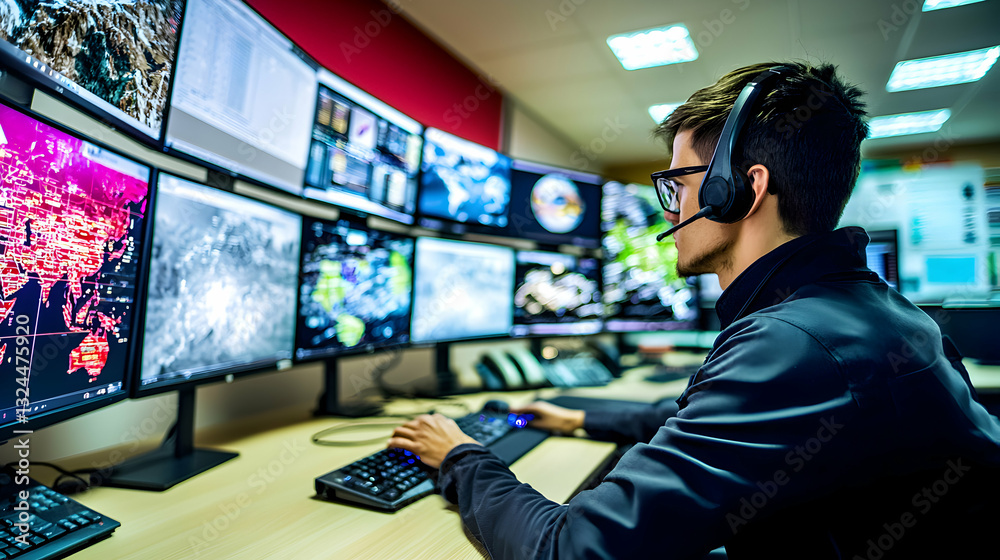A man with a headset works at a computer control station A man with a headset works at a computer control station